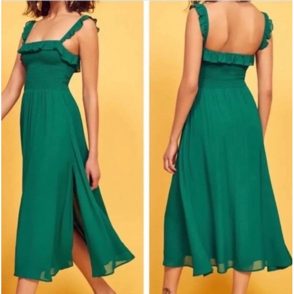 Reformation Siesta Midi Dress Green Size S Smocked Ruffles